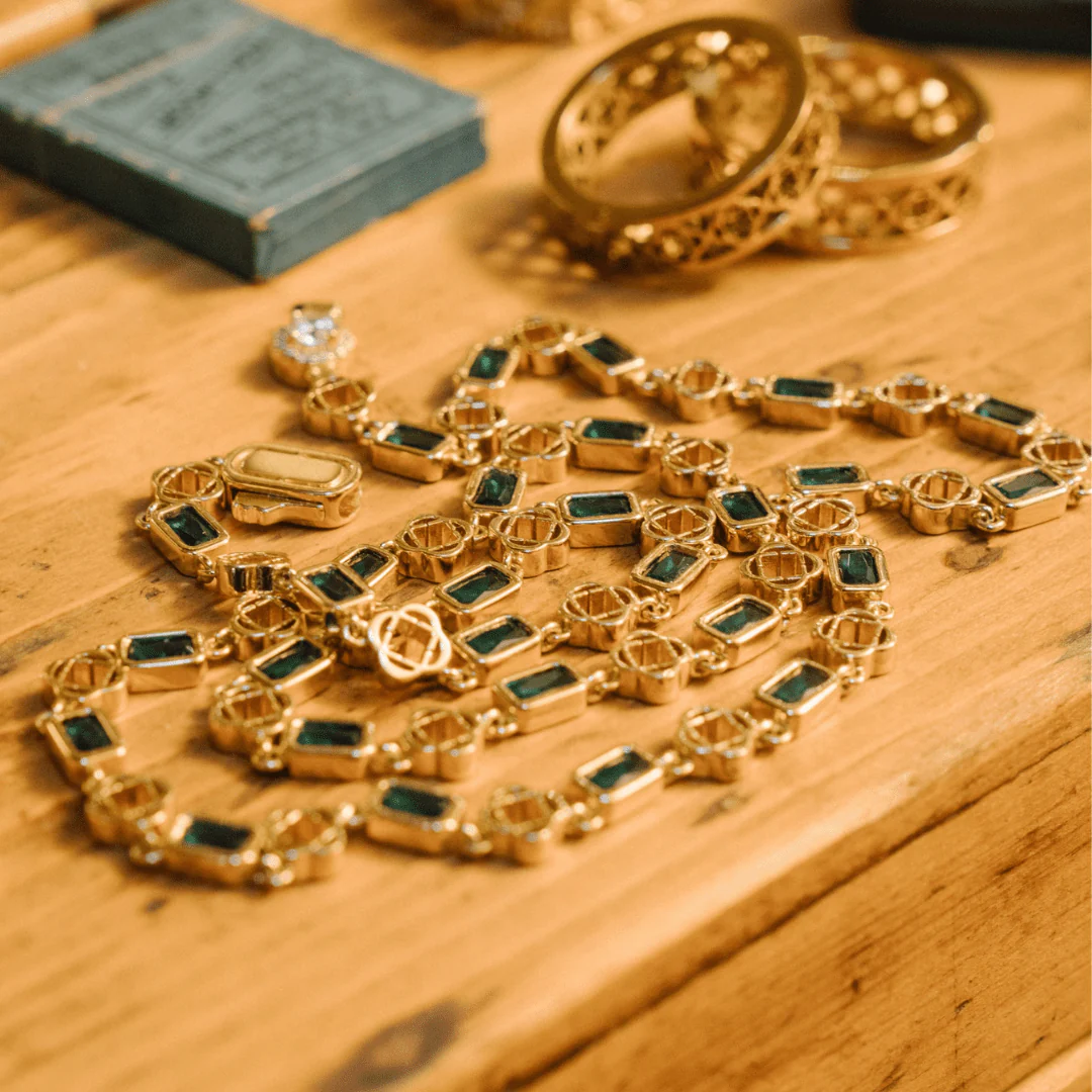 Green Gemstone Clover Necklace (Gold) - Image 6