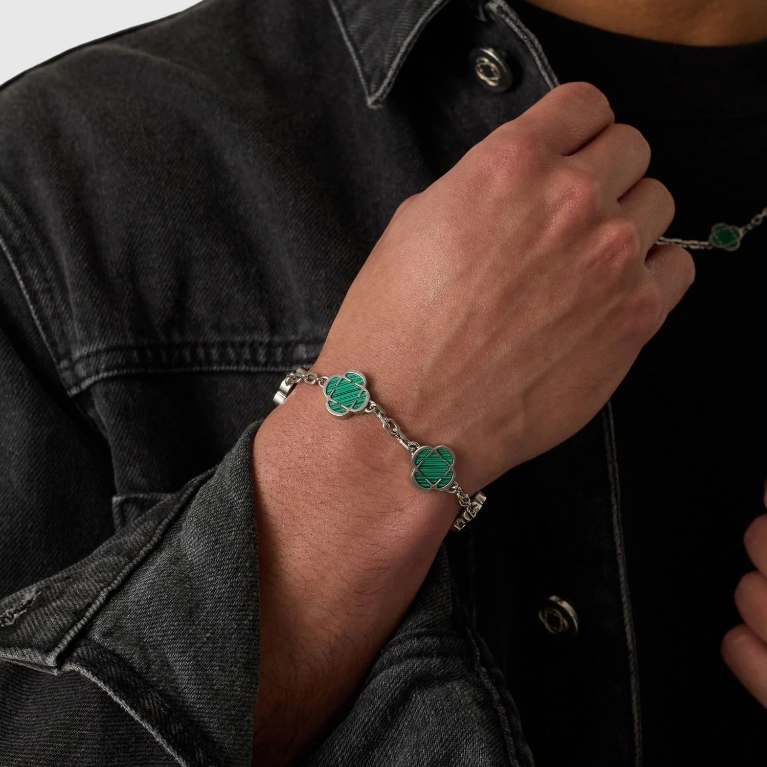 Malachite Clover Stone Bracelet (Silver) - Image 6